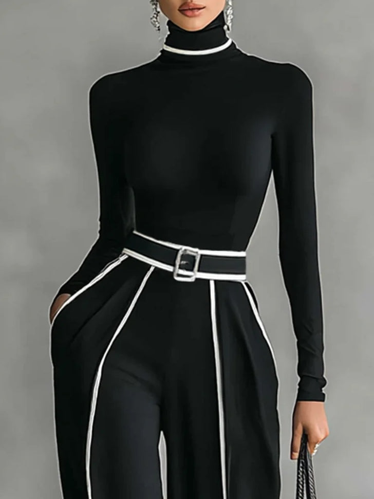 Completo Due Pezzi Donna | Dolcevita Aderente & Pantalone a Profili Bianchi