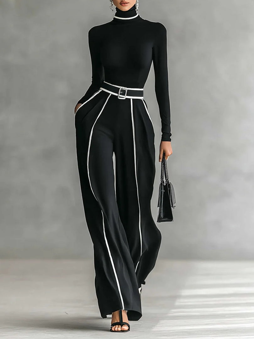 Completo Due Pezzi Donna | Dolcevita Aderente & Pantalone a Profili Bianchi