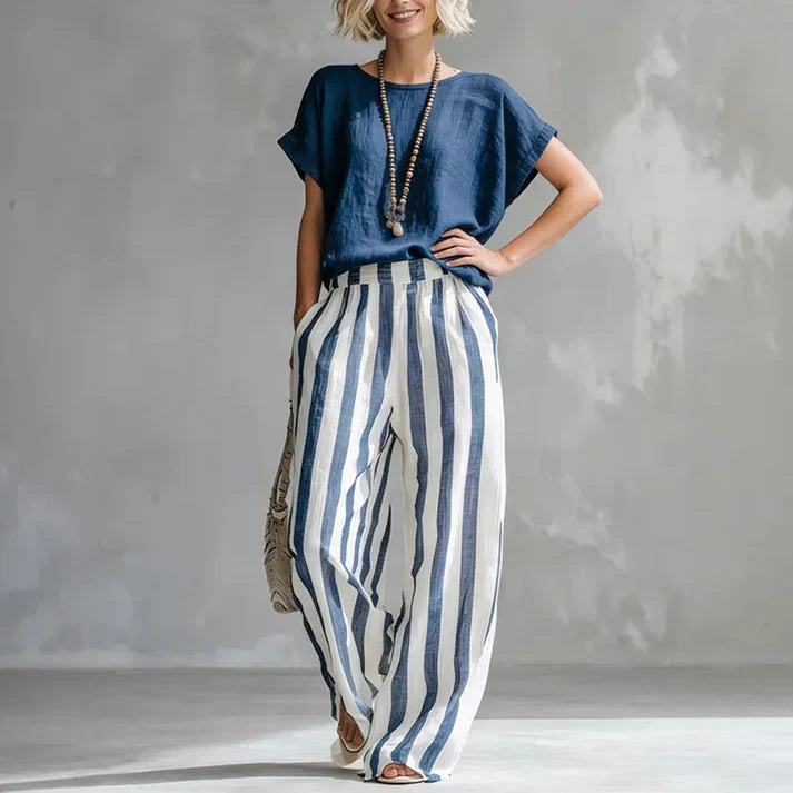 Completo Due Pezzi Donna | Top Ampio & Pantalone a Righe Vita Alta