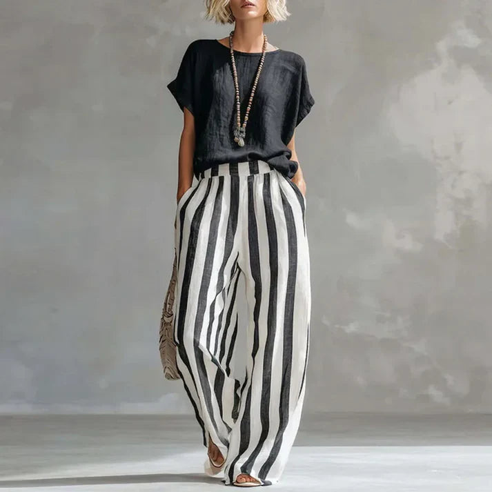 Completo Due Pezzi Donna | Top Ampio & Pantalone a Righe Vita Alta