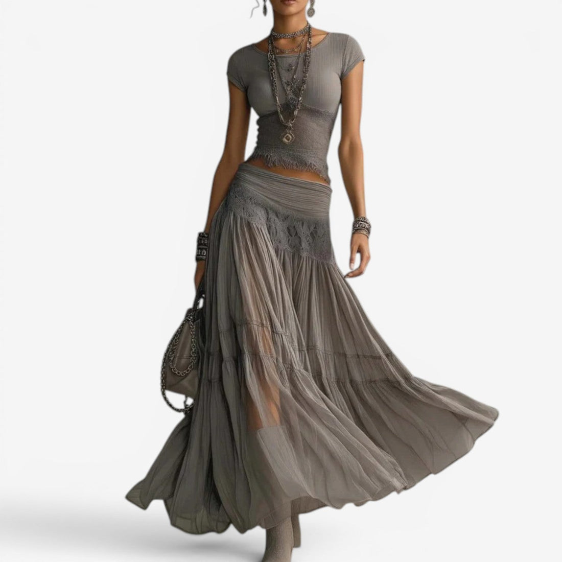 Completo Due Pezzi Donna | Top Crop & Gonna Lunga Boho con Pizzo