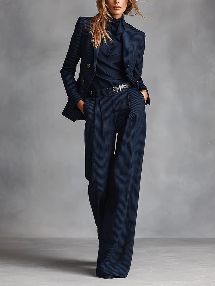 Completo da donna in stile classico doppiopetto a righe blu navy 0