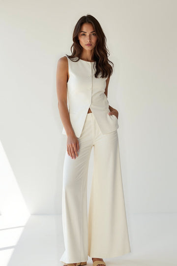 Completo elegante senza maniche con top e pantaloni a gamba larga | Bianco crema | Chic e raffinato 0