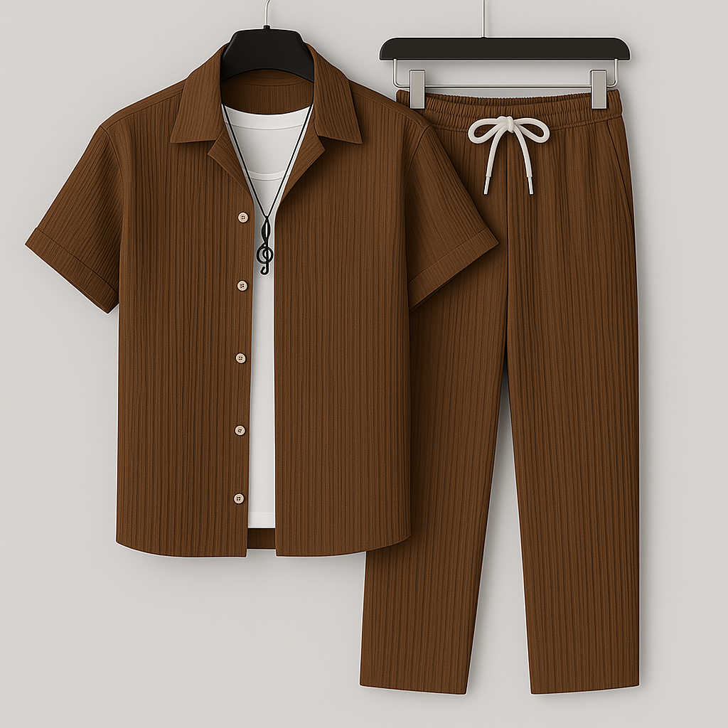 Completo uomo effetto lino con camicia e pantaloni con coulisse - Leggero e casual 0