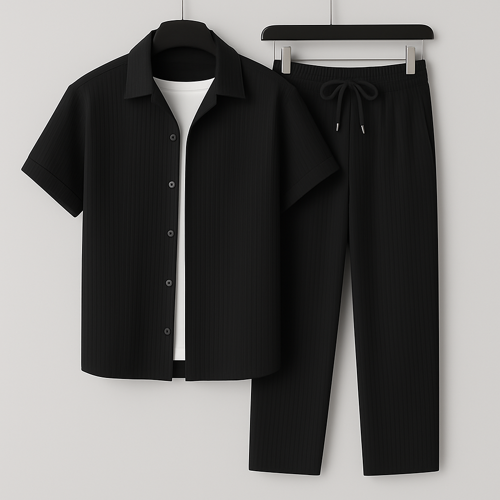 Completo uomo effetto lino con camicia e pantaloni con coulisse - Leggero e casual 1