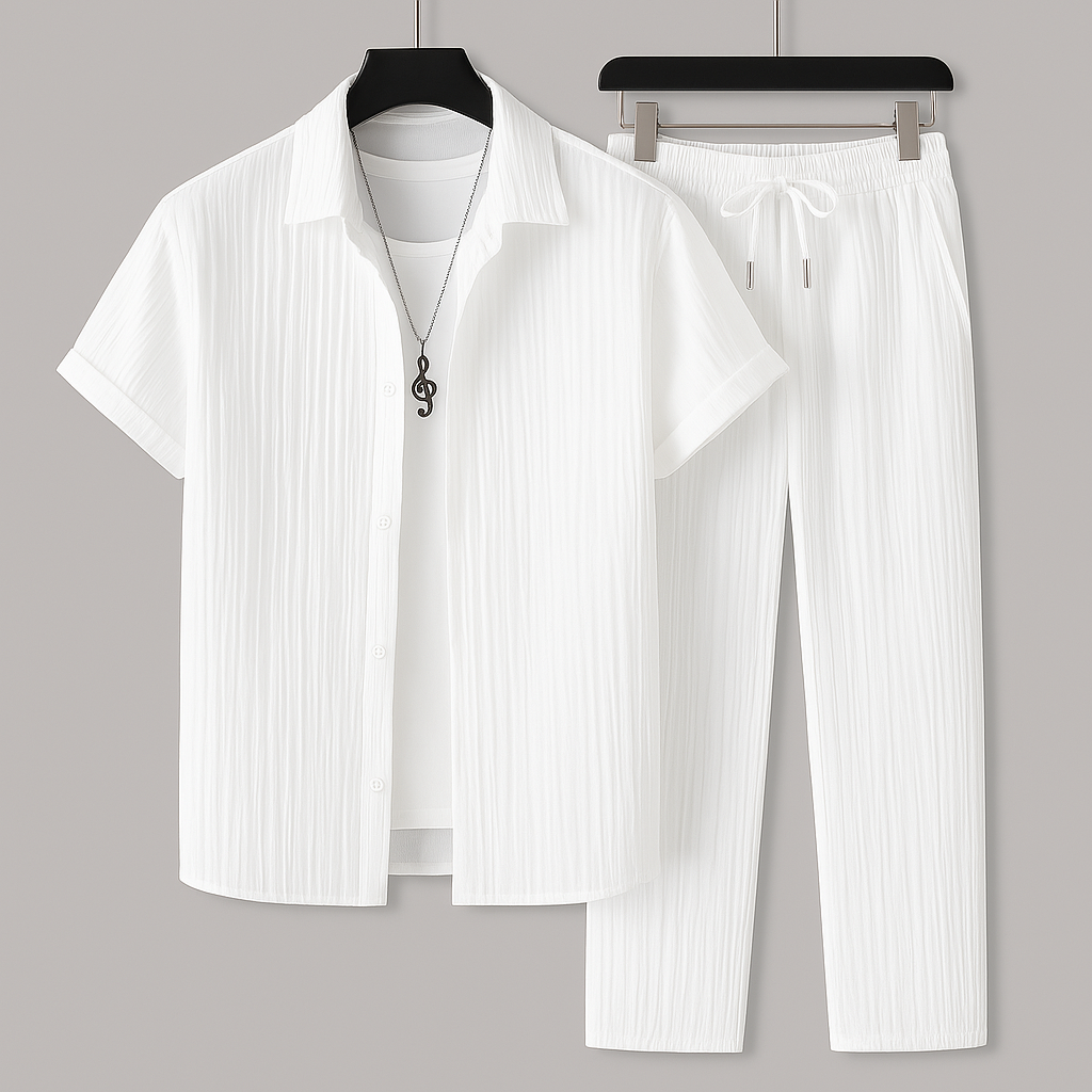 Completo uomo effetto lino con camicia e pantaloni con coulisse - Leggero e casual 2