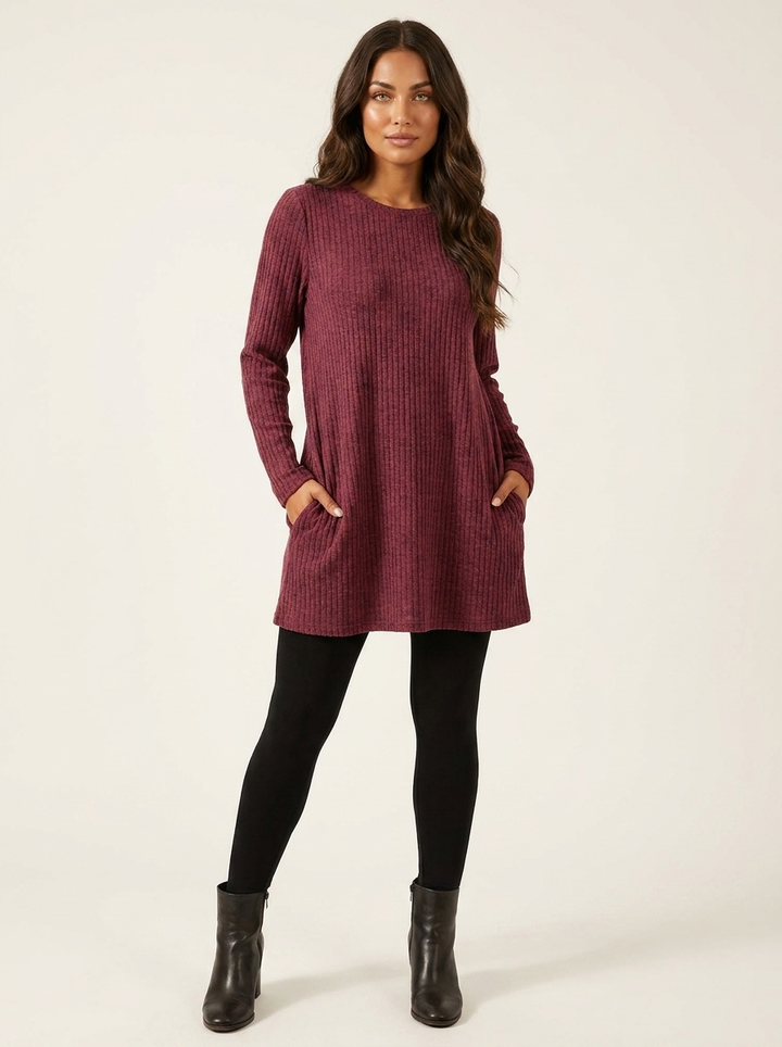 Dames Gebreide Tuniek – Losvallend Model met Lange Mouwen en Zakken Rood / S - AIDA LENA