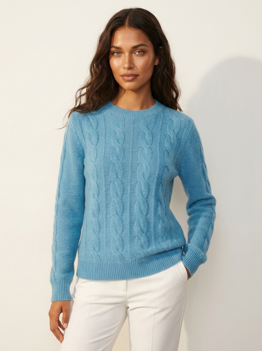 Dames Kabeltrui – Gebreid met Ronde Hals en Lange Mouwen Blauw / S - AIDA LENA