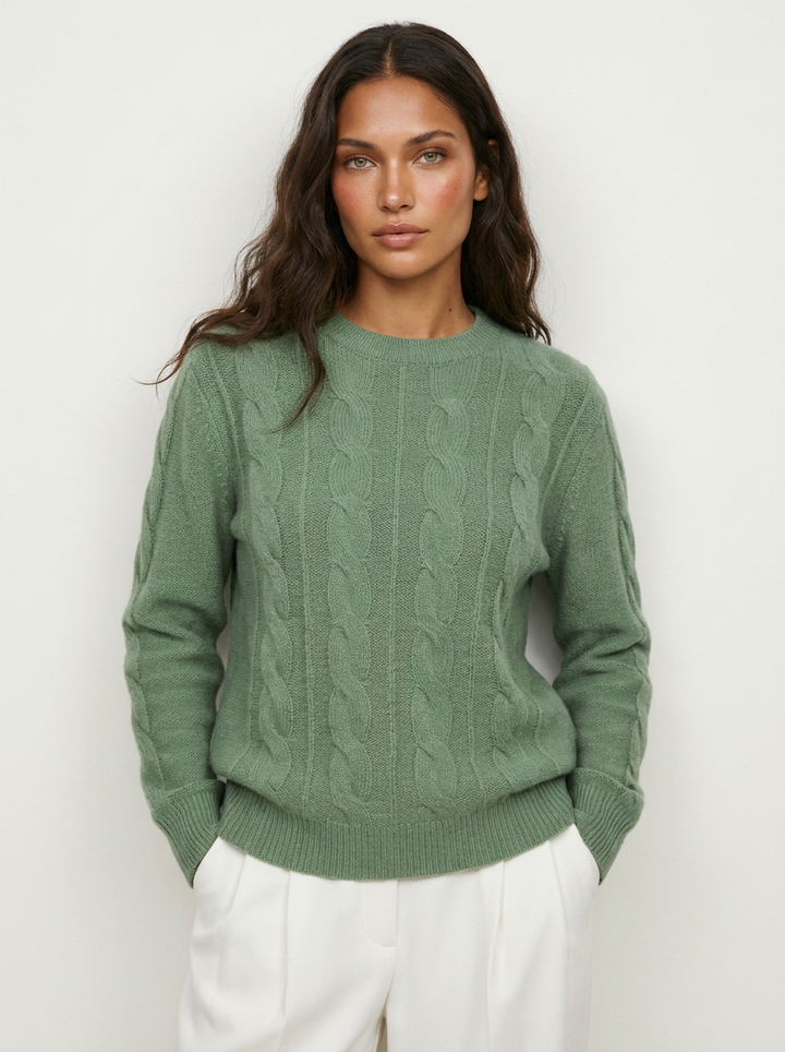 Dames Kabeltrui – Gebreid met Ronde Hals en Lange Mouwen Groen / S - AIDA LENA