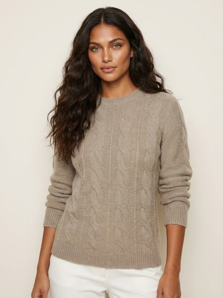 Dames Kabeltrui – Gebreid met Ronde Hals en Lange Mouwen Khaki / S - AIDA LENA