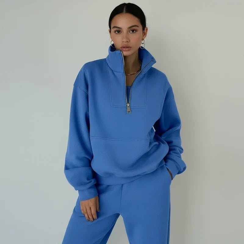 Dames Oversized Trui – Hoge Kraag met Halve Rits Blauw / S - AIDA LENA