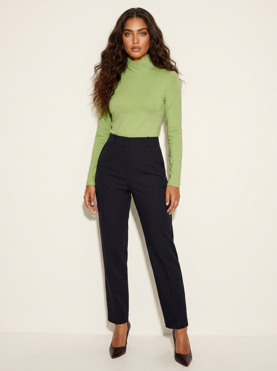 Dames Top met Hoge Kraag – Aansluitend Model met Lange Mouwen Groen / S - AIDA LENA