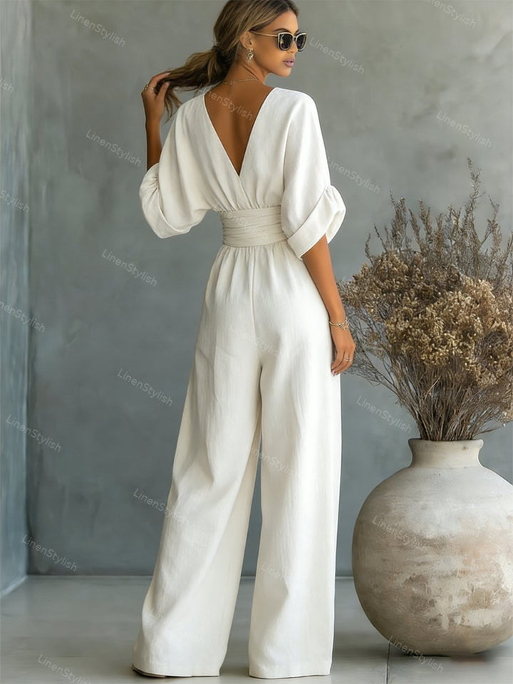 Dames Wide Leg Jumpsuit – V-Hals met Brede Tailleband Wit / S - AIDA LENA