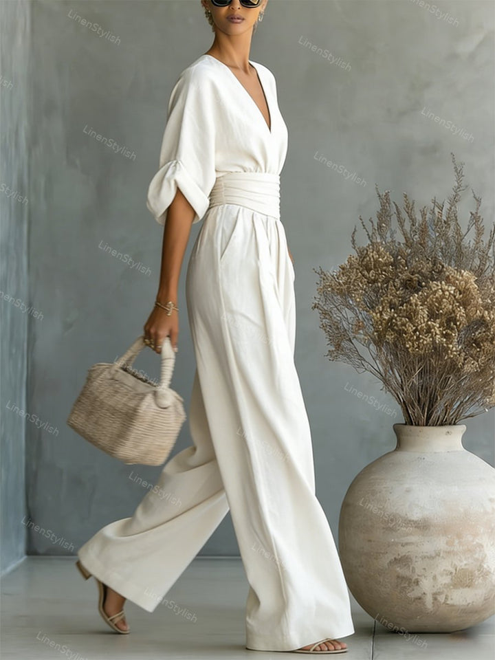 Dames Wide Leg Jumpsuit – V-Hals met Brede Tailleband Wit / S - AIDA LENA