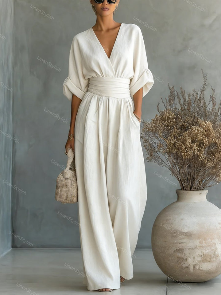 Dames Wide Leg Jumpsuit – V-Hals met Brede Tailleband Wit / S - AIDA LENA