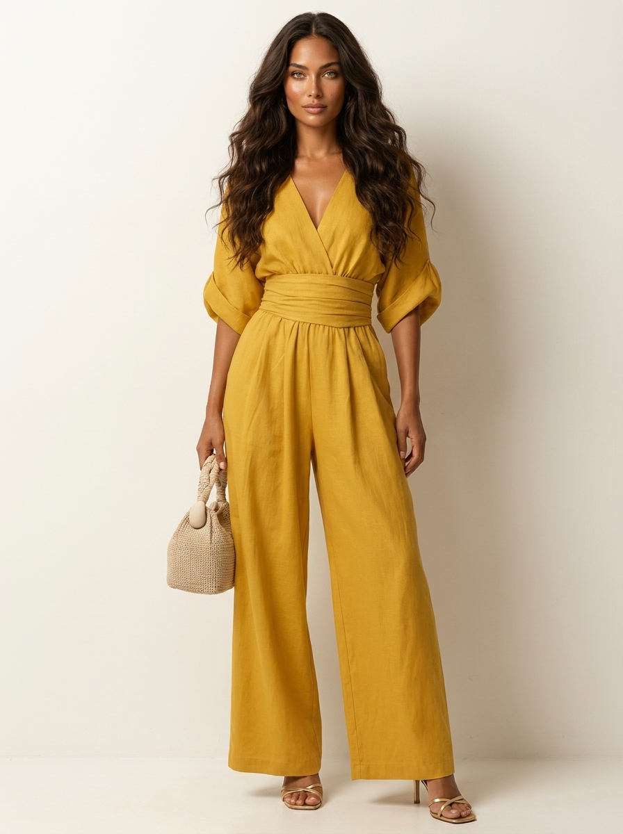 Dames Wide Leg Jumpsuit – V-Hals met Brede Tailleband Geel / S - AIDA LENA