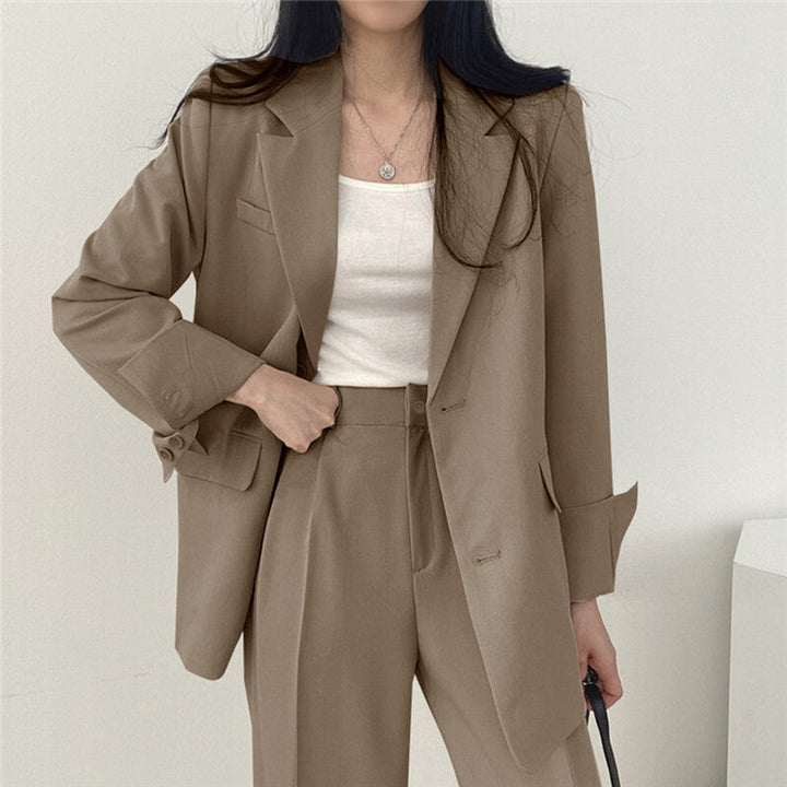 Dames 2-Delige Blazer Set – Elegante Blazer met Bijpassende Broek Khaki / S - AIDA LENA