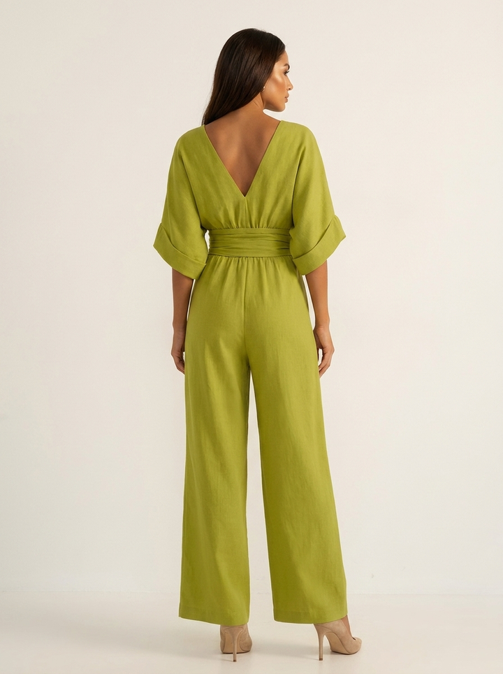 Dames Wide Leg Jumpsuit – V-Hals met Brede Tailleband Wit / S - AIDA LENA