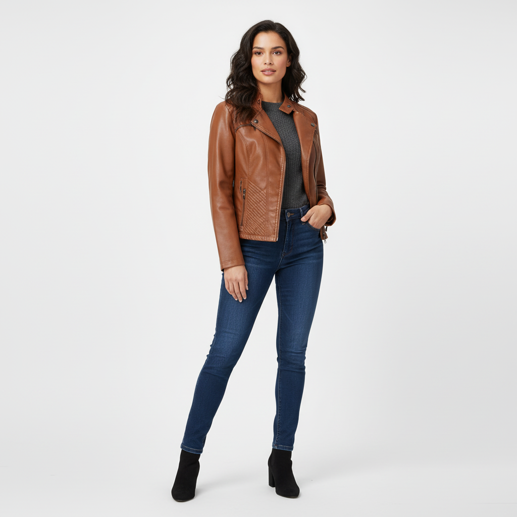 Dames Leren Jas – Elegante Pasvorm met Ritssluiting en Ritsdetails Bruin / S - AIDA LENA