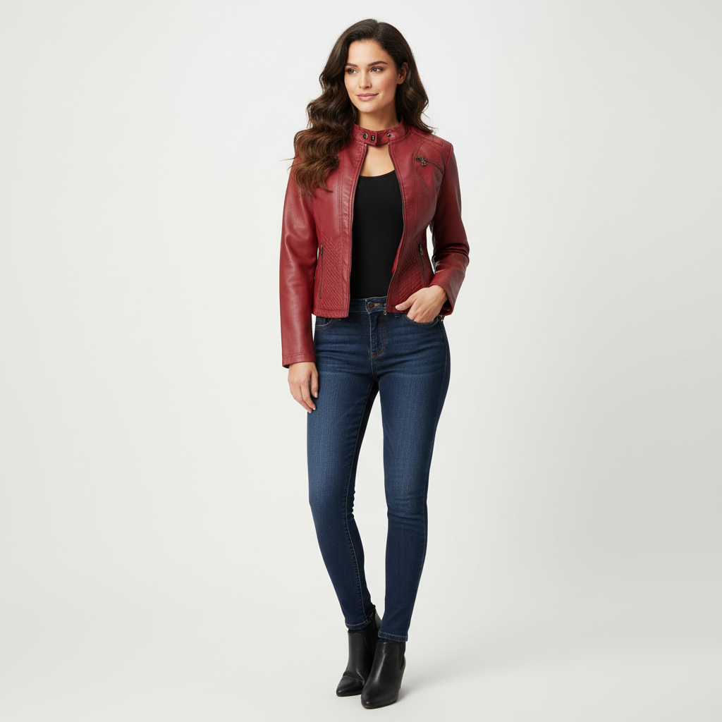 Dames Leren Jas – Elegante Pasvorm met Ritssluiting en Ritsdetails Rood / S - AIDA LENA