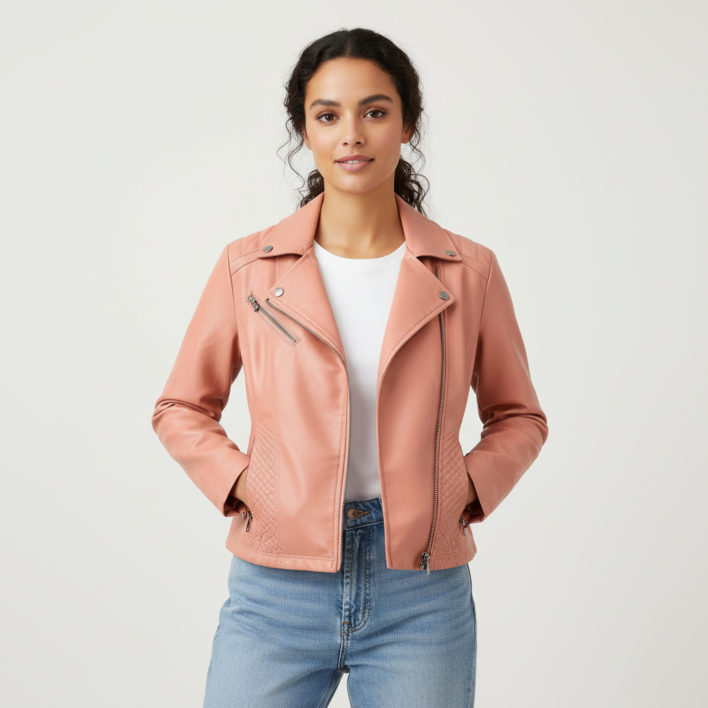 Dames Leren Jas – Elegante Pasvorm met Ritssluiting en Ritsdetails Roze / S - AIDA LENA
