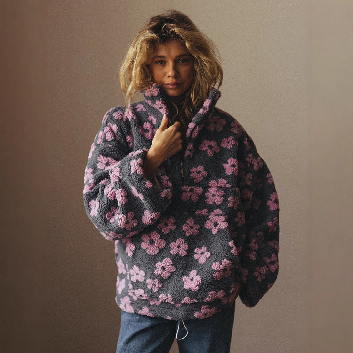 Felpa in pile da donna – Pullover casual con cerniera e tasca 2