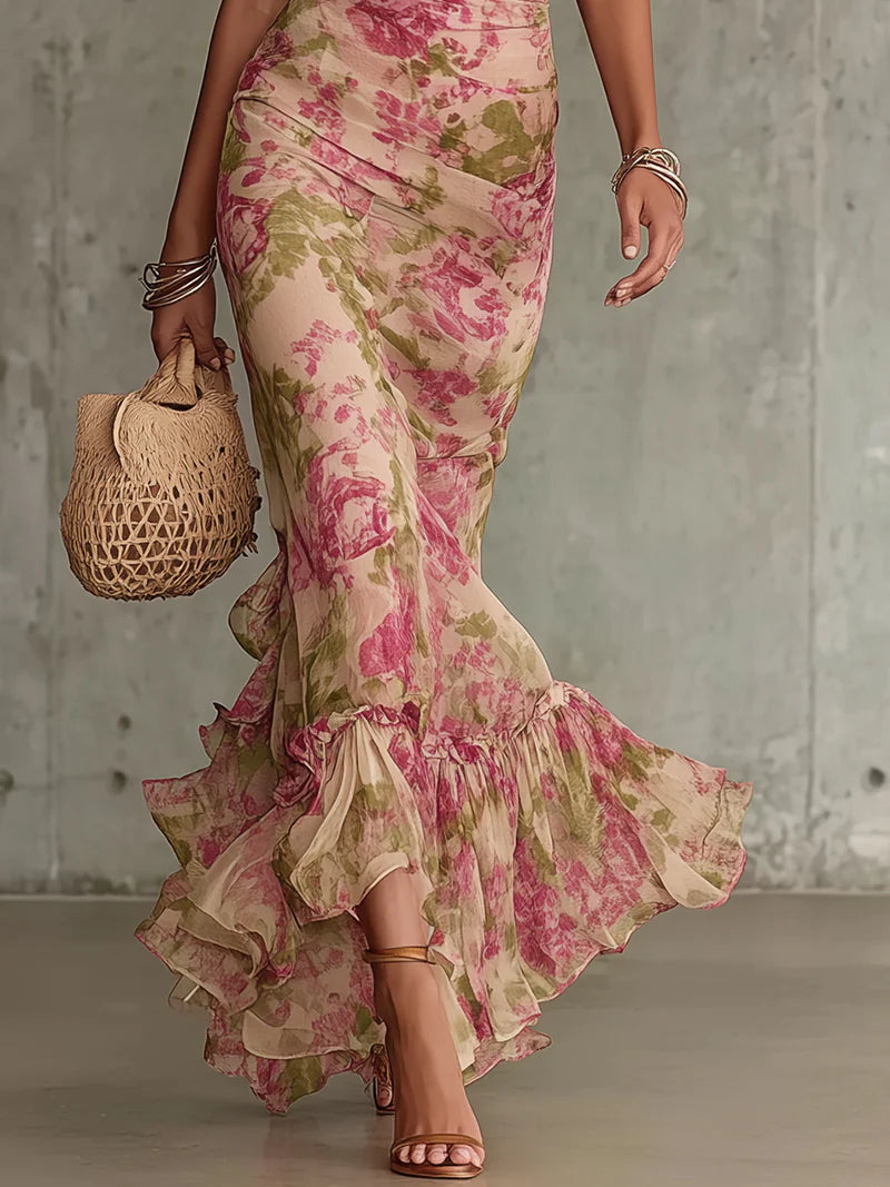 Fiora - Abito lungo con stampa vintage a rose e maniche a sbuffo 2