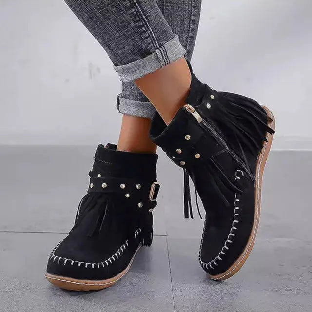 Fringe Buckle Boots for Women – Edgy &amp; Versatile Black Style