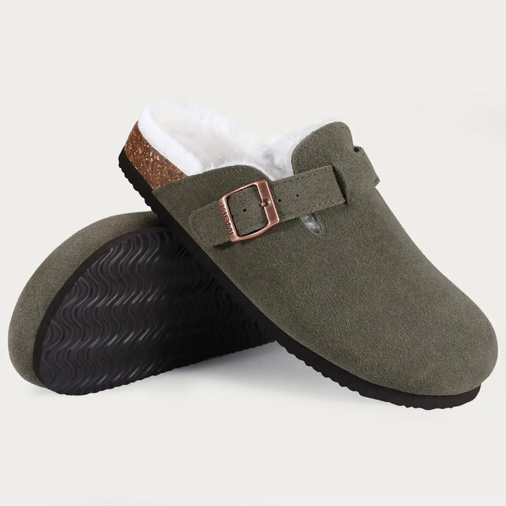 Fur-Lined Suede Clogs for Women – Cozy &amp; Adjustable Comfort