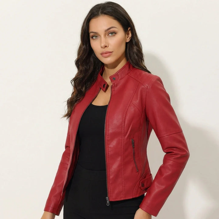Dames Leren Jack – Getailleerde Pasvorm met Ritssluiting Rood / XS - AIDA LENA