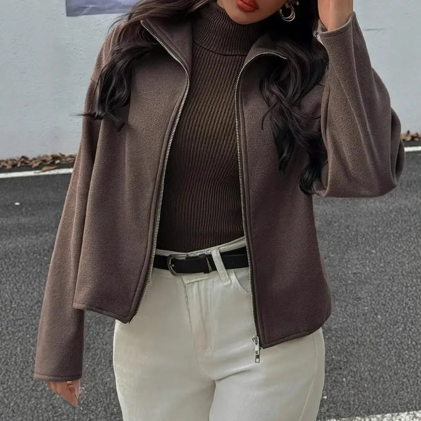 Women's Cropped Jacket with High Collar & Zip Fastening