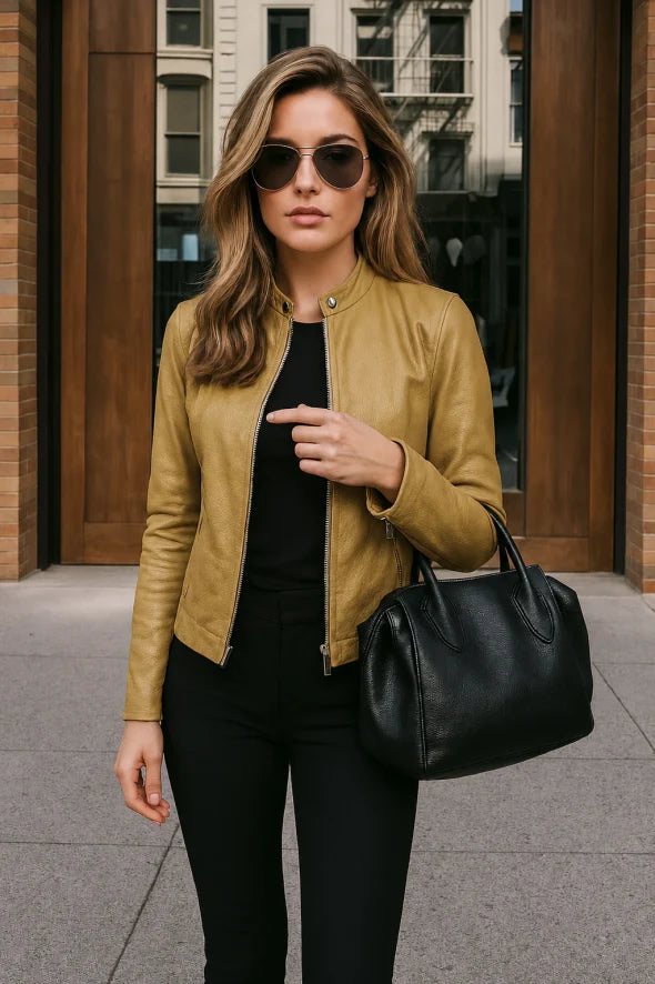 Giacca Donna in Pelle Slim Fit con Colletto alla Coreana e Zip 3