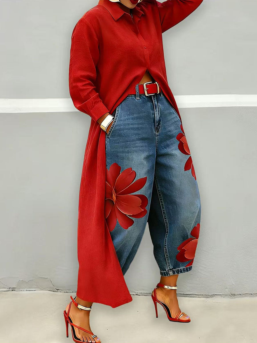 Jeans Donna a Fiori | Gamba Ampia & Design Originale