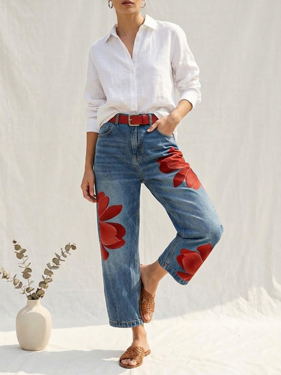 Jeans Donna a Fiori | Gamba Ampia & Design Originale