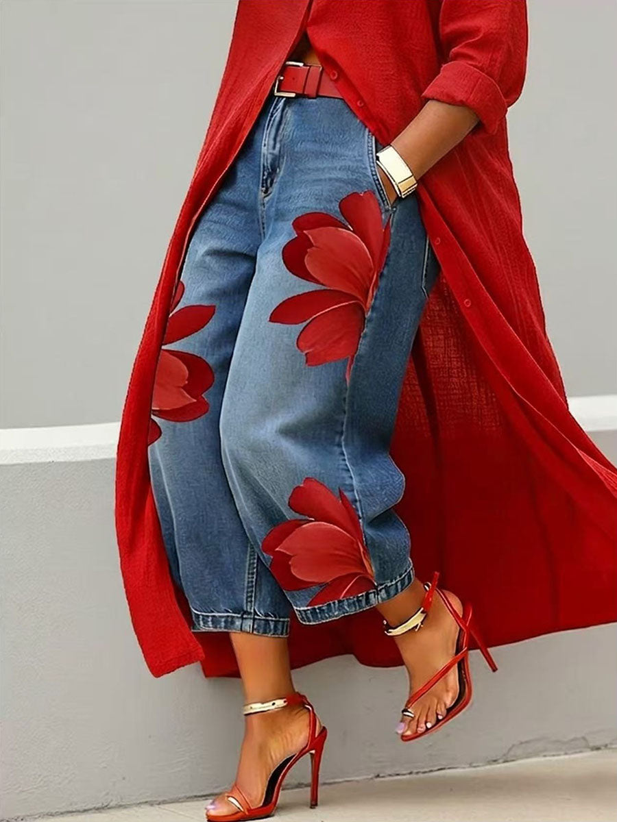 Jeans Donna a Fiori | Gamba Ampia & Design Originale