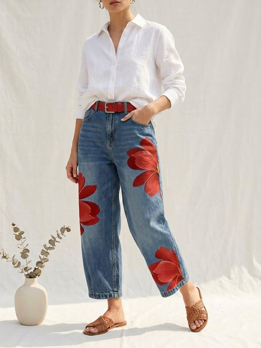 Jeans Donna a Fiori | Gamba Ampia & Design Originale