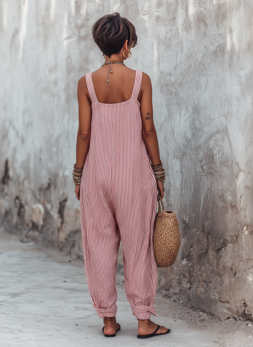 Jumpsuit senza maniche a collo quadrato con righe minimaliste e taglio morbido per donne 1