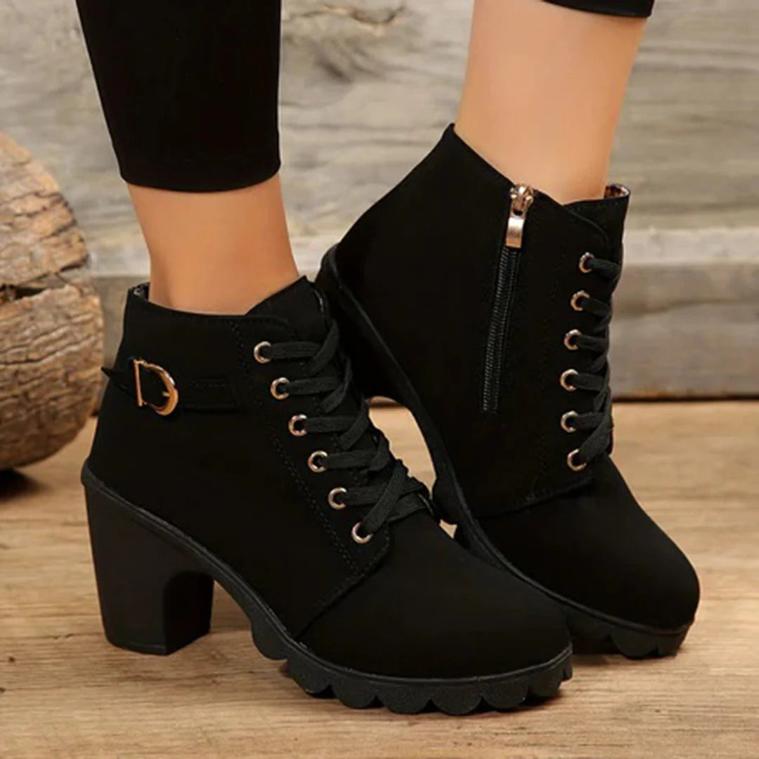 Lace-Up Black Ankle Boots for Women – Stylish &amp; Versatile with Chunky Heel