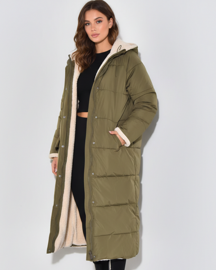 Lange teddy gevoerde dames winterjas met capuchon – Celestine Groen / XS - AIDA LENA