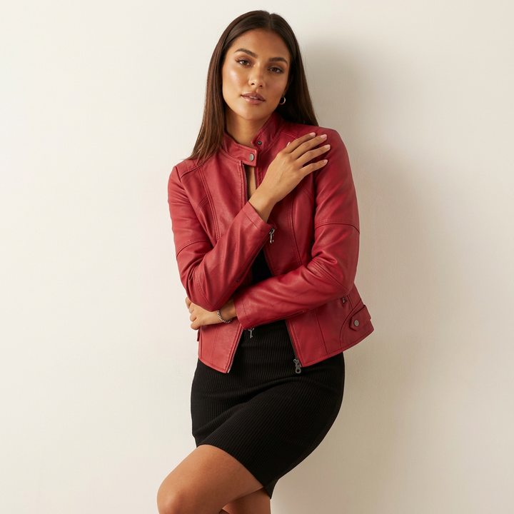 Dames Leren Jas – Kort Getailleerd Model met Ritssluiting Rood / XS - AIDA LENA