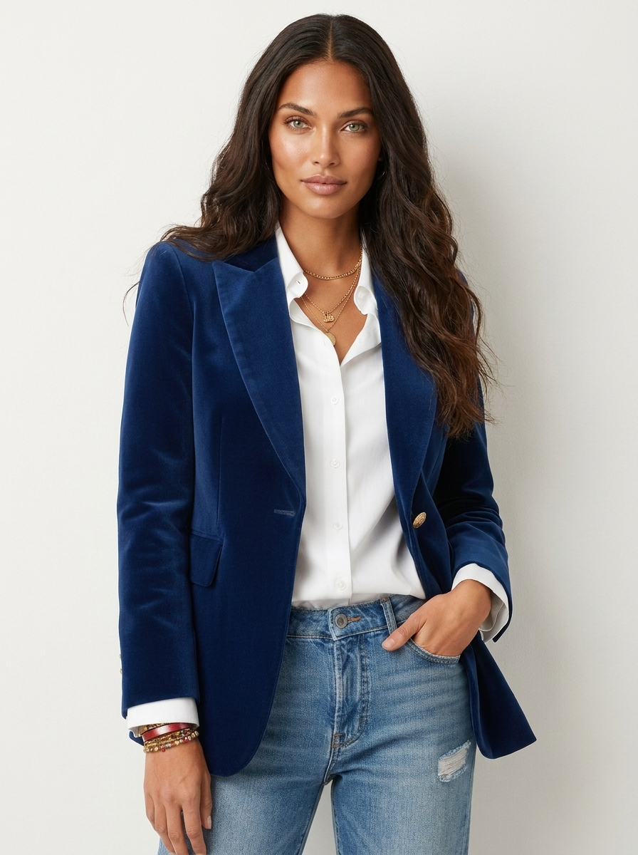 Dames Velvet Blazer – Elegante Pasvorm met Klassieke Revers Blauw / S - AIDA LENA