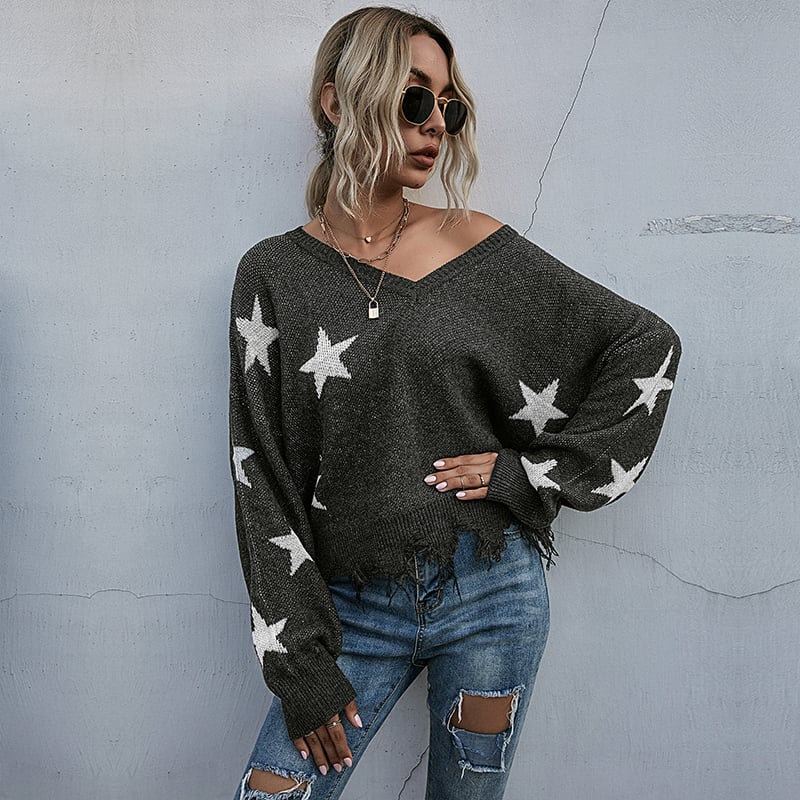 Maglione Donna | Motivo a Stelle con Dettagli a Nappine