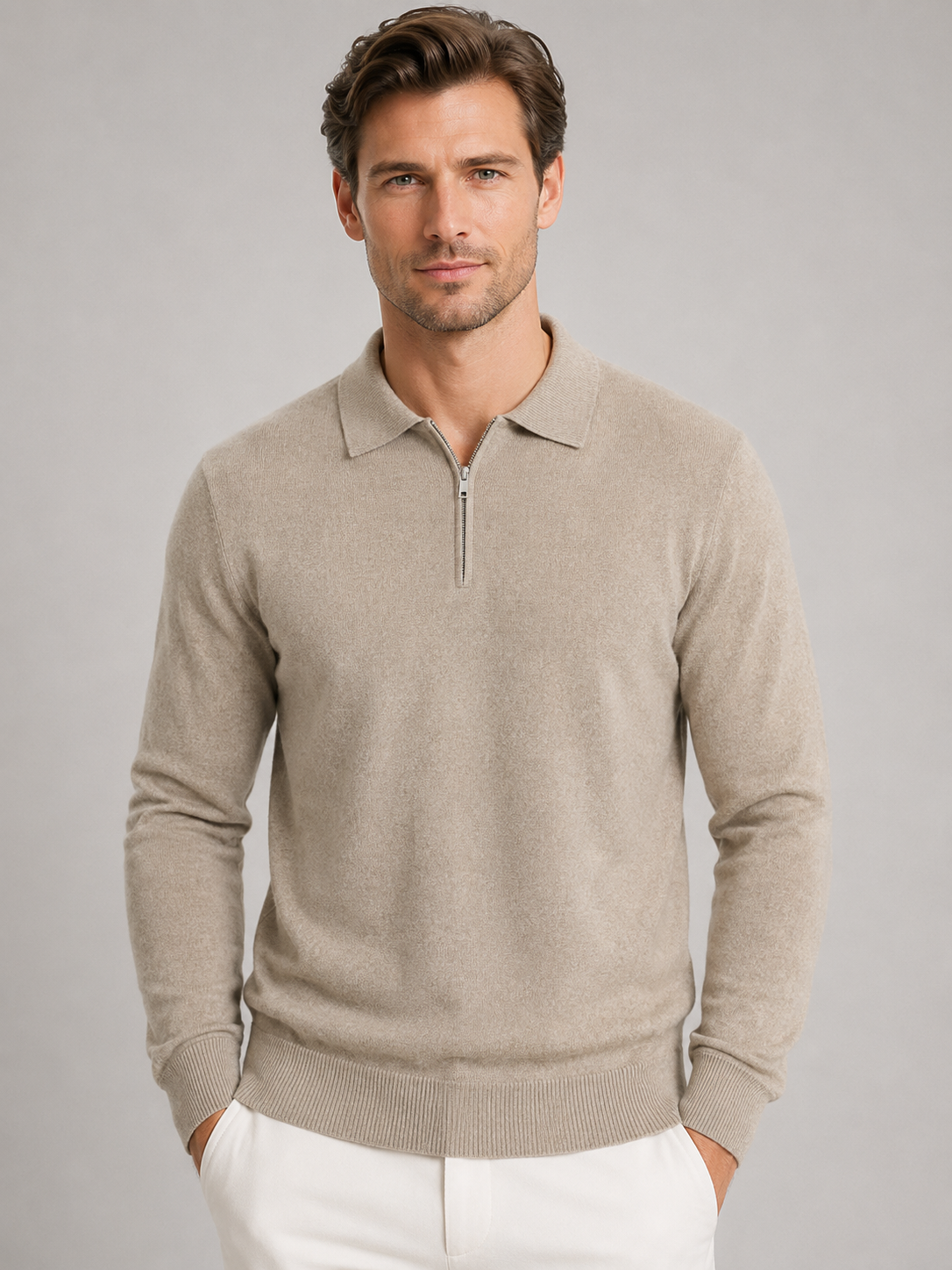 Maglione Uomo Collo Polo Mezza Zip in Maglia Fine 0