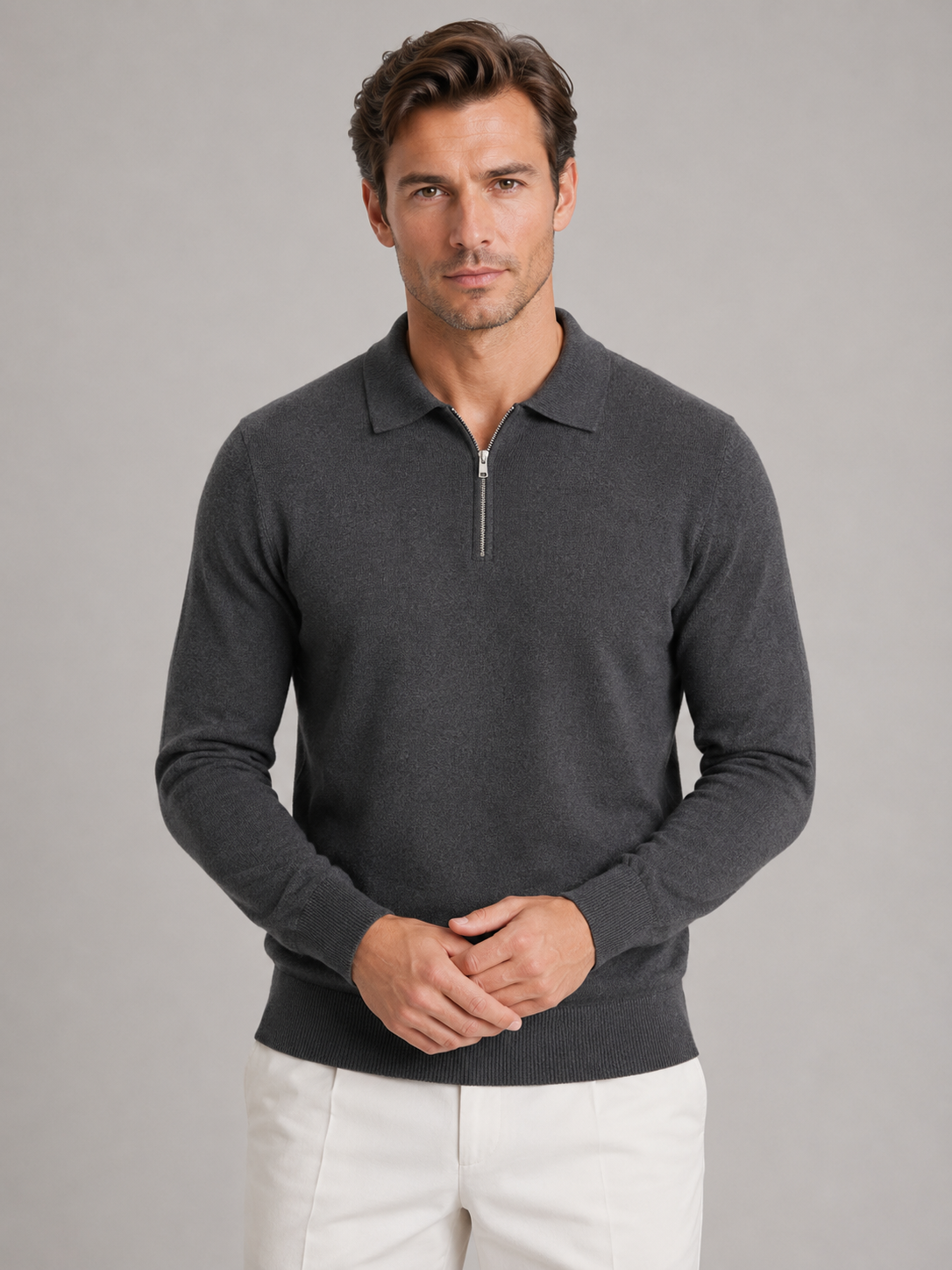 Maglione Uomo Collo Polo Mezza Zip in Maglia Fine 4