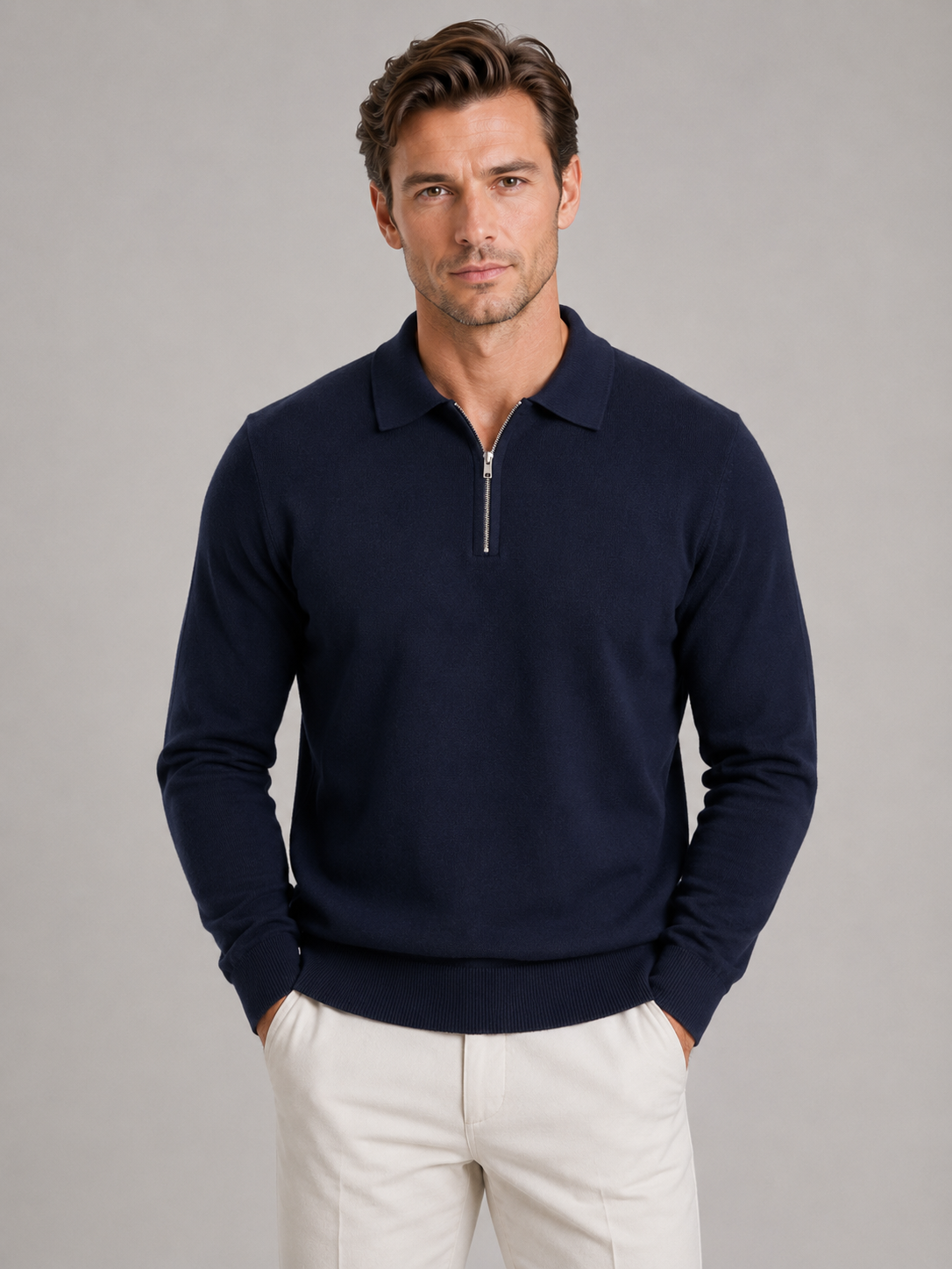 Maglione Uomo Collo Polo Mezza Zip in Maglia Fine 5