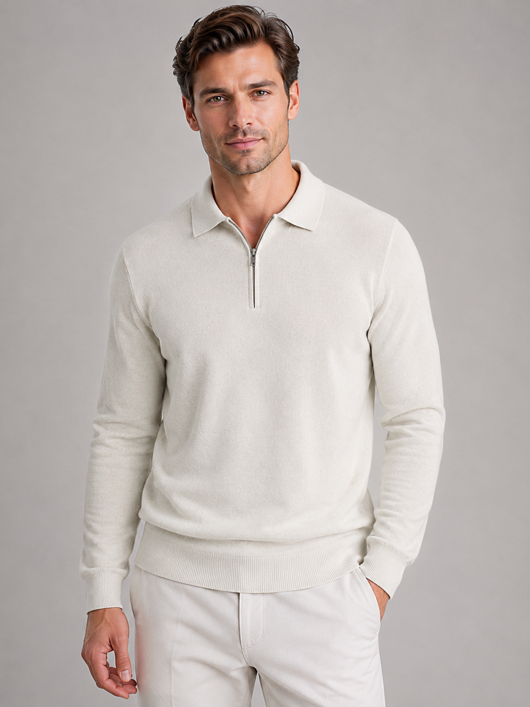 Maglione Uomo Collo Polo Mezza Zip in Maglia Fine 6