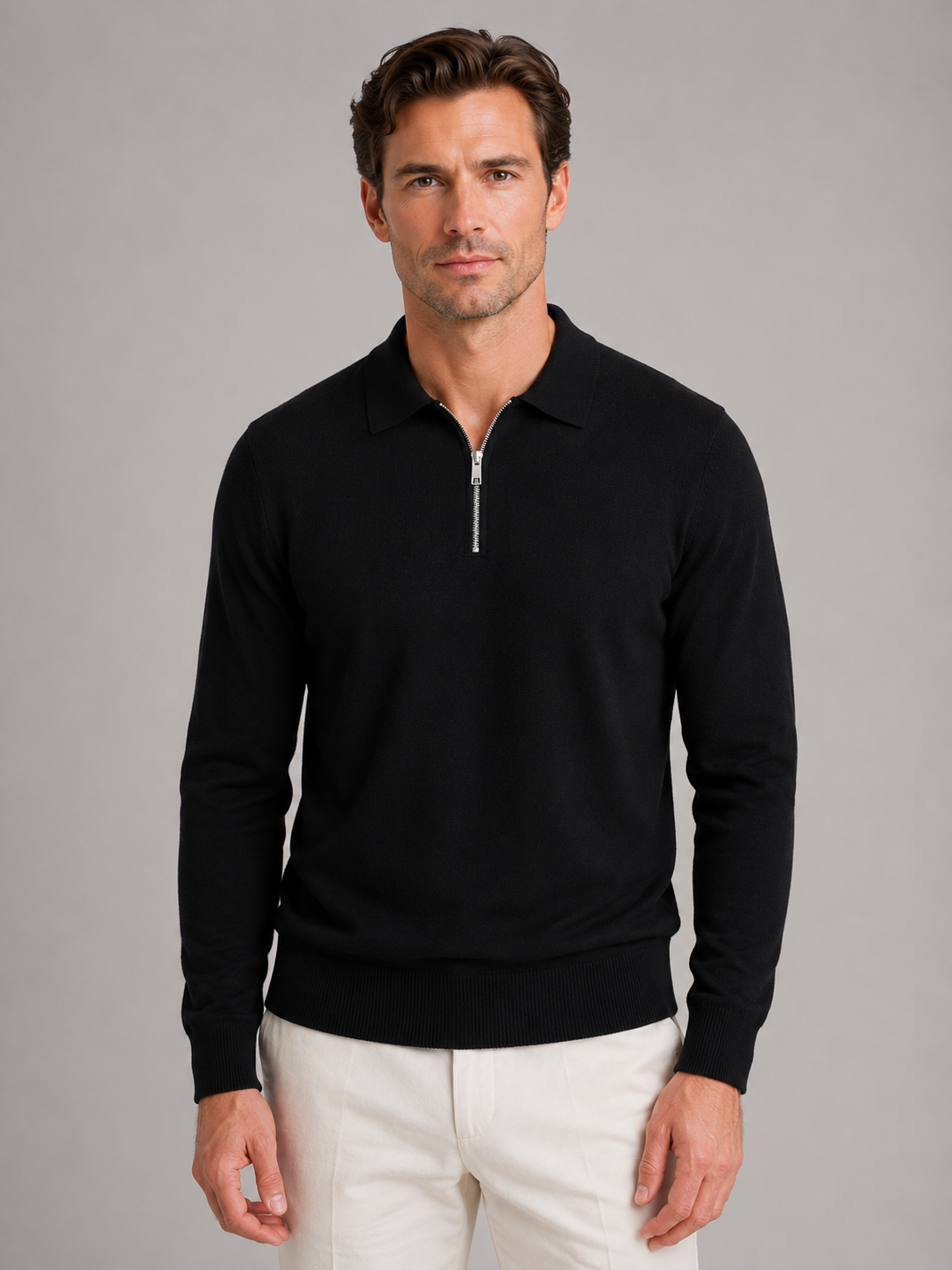 Maglione Uomo Collo Polo Mezza Zip in Maglia Fine 7