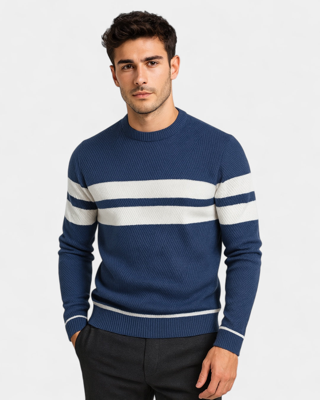Maglione Uomo a Righe Girocollo Misto Viscosa Cotone Leggero 3