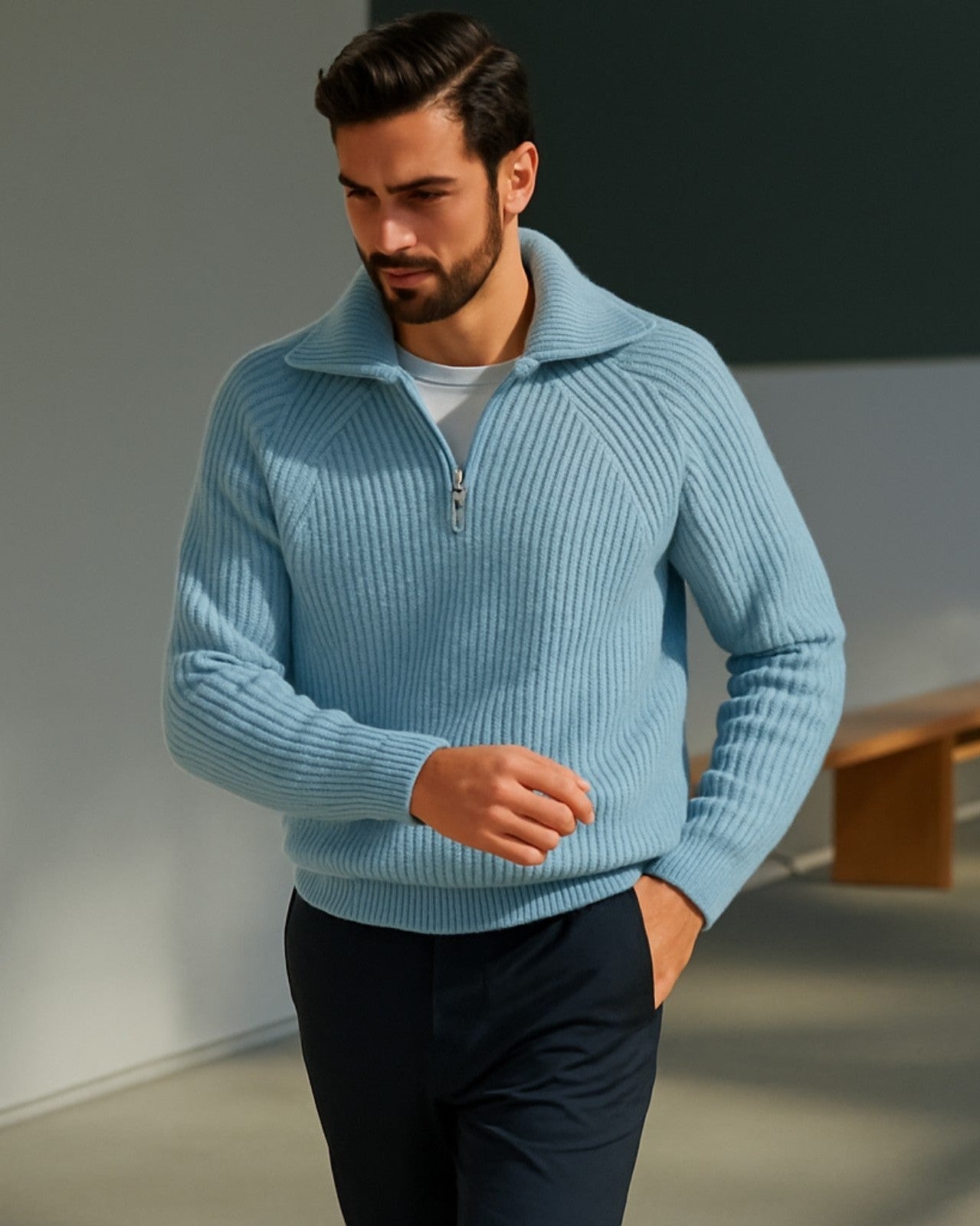 Maglione Uomo con Zip a Metà Torace Caldo Maglia di Qualità 3