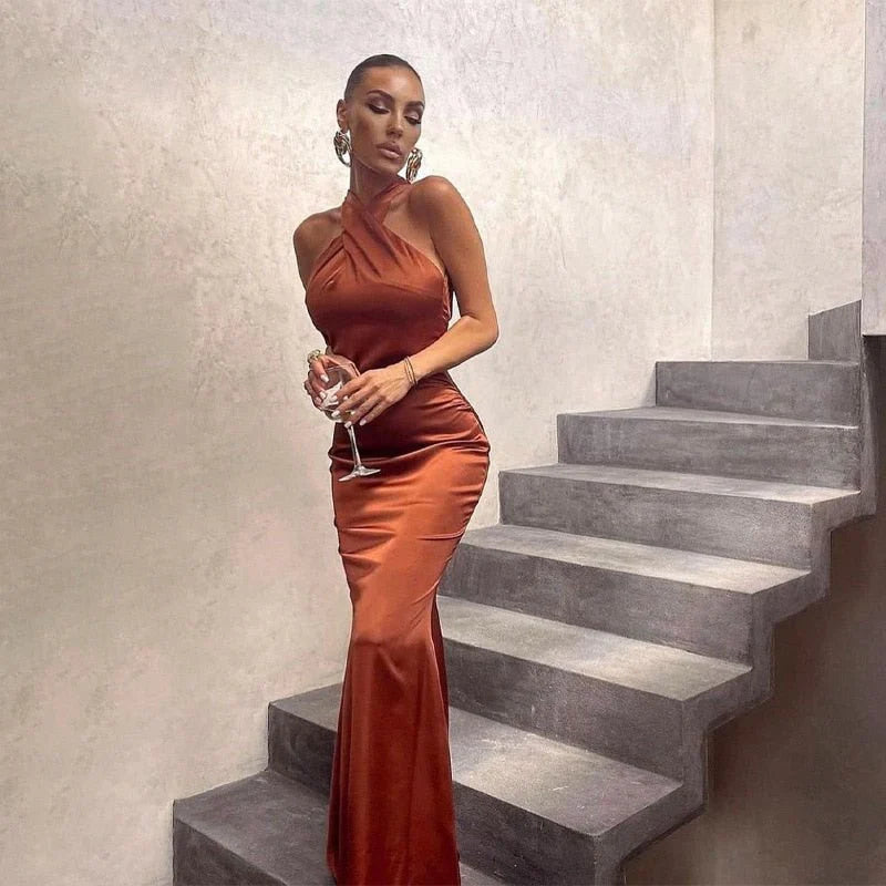 Maxi Abito Donna | Collo All'Americana in Raso & Silhouette Sirena